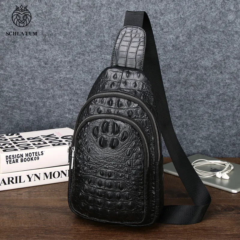 SCHLATUM 2022 New Designer Luxury Crocodile Grain Black Hands Free Leather Men's Crossbody Sling Chest Bag