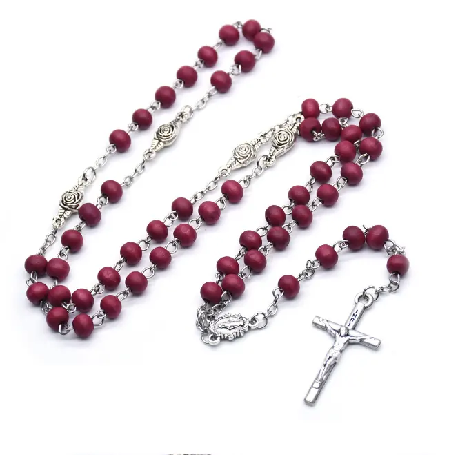 2022 Komi Catholic Fragrance Wine Red Rose Shaped Beads Necklace Virgin Mary Christ Cross Pendant Rosary Necklace