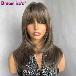 Pelucas de Cabello Natural Liso y Ondulado de Dream Ice, Venta al por Mayor de Fábrica, Color Marrón Miel con Flequillo, Cortas, Marrón Mixto Rubio, Cabello Sintético - Product Image 2