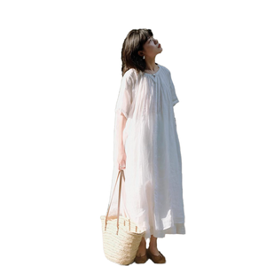 Robe longue ample blanche col rond manches courtes décontractée été respirante 100% coton tissé couleur unie usage quotidien - Product Image 1