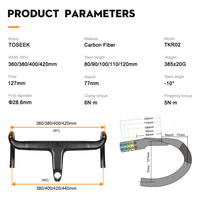 Manillar Integrado de Fibra de Carbono TOSEEK para Bicicleta de Carretera, Diámetro de Abrazadera 28.6mm, Caída 127mm, Alcance 77mm, con Soporte para Ciclocomputador