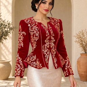 Vestido Karakou de Terciopelo Rojo Rubí para Mujer, Bordado Dorado, Manga Larga, Corte Holgado, Blazer para Boda, Cuello en V, Maxi, Dobladillo Acampanado, Elegante - Product Image 1