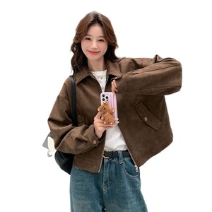 Merlad Women's Short <b>Suede</b> <b>Jacket</b> Brown Loose Fit Breathable Spring Autumn Outerwear - Product Image 5
