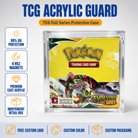 Boîte de présentation scellée pour boosters de cartes TCG en acrylique avec couvercle magnétique, protection UV à 99 %, stockage de cartes non ouvertes, vente en gros, logo personnalisé
