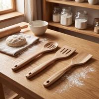 Ensemble d'ustensiles de cuisine en bois : spatule, lopette ajourée, cuillère ajourée – Ustensiles de cuisson antiadhésifs pour pâtisserie, mélange, agitation et service