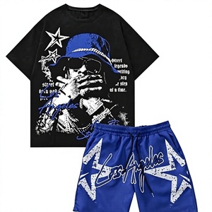 T-shirt noir surdimensionné pour homme avec imprimé chapeau bleu et motif étoile, manches courtes, col rond, style streetwear, jersey de coton respirant - Product Image 1