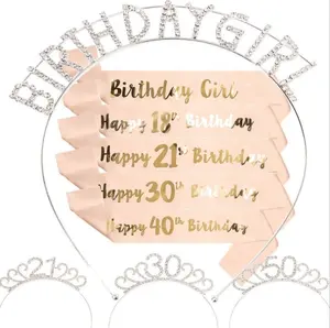 जन्मदिन मुबारक लड़की मुकुट और सैश किट महिलाओं लड़की राजकुमारी जन्मदिन की पार्टी की आपूर्ति के लिए क्रिस्टल स्फटिक जन्मदिन क्राउन हेडबैंड