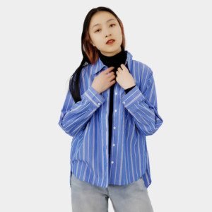 Camicette da donna <span class=keywords><strong>a</strong></span> due colori All-Match top in cotone <span class=keywords><strong>blu</strong></span> <span class=keywords><strong>e</strong></span> bianco strisce 100% camicette da donna - Product Image 1