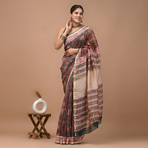 Sari en soie Chanderi pure imprimé à la main avec pièce de blouse – Sari élégant en soie Chanderi pure – Vêtement ethnique imprimé à la main - Product Image 1