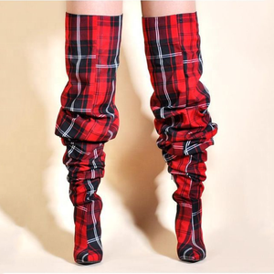 Big Size 44 Plaid Print Side Half-zip Over Knee High Pile of <b>Boots</b> for Women Stiletto Ladies Pointed Toe Thigh High Long Booties - Product Image 3