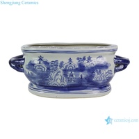 RZSC21-E-B-C Pot Bunga Oval Porselen Biru Putih Antik dengan Gagang, Model Keramik Tradisional untuk Mandi Kaki