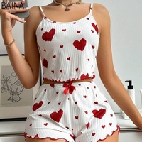 Heißer Sommerschlussverkauf Damen Sexy Weißes Gestricktes Pyjama-Set mit Herzmuster Cami & Shorts Damen-Nachtwäsche 2-teilig
