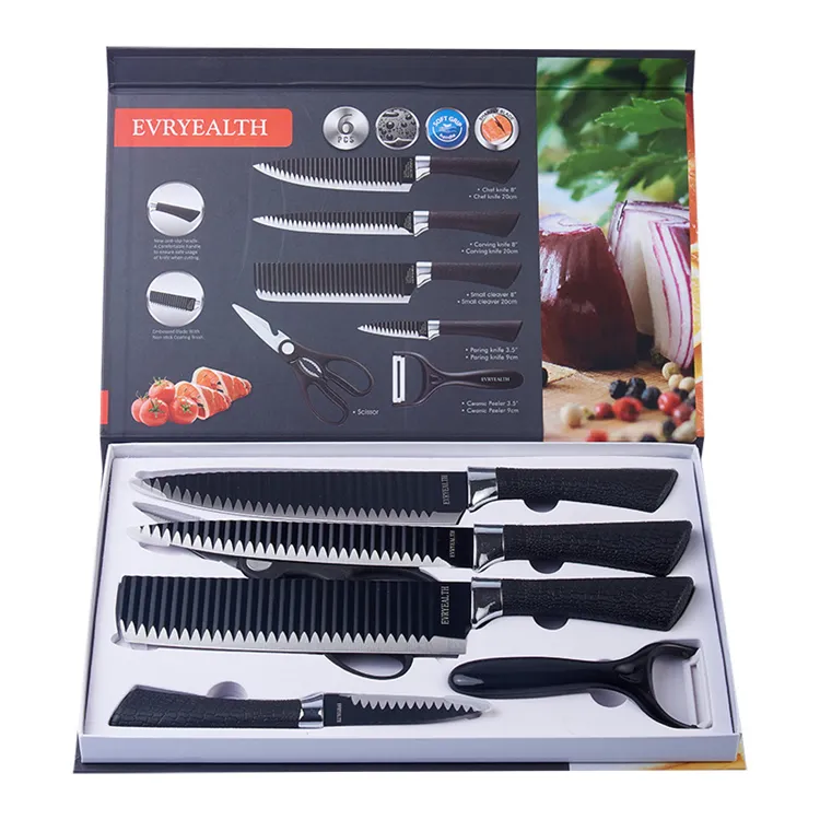 6-piece 3D wavy non-stick coated kitchen knife set with Horseshoe-shaped handle Japanese chef's knife set