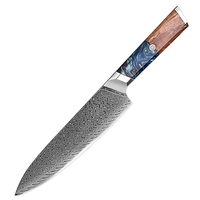 Couteau de chef Damas de 8 pouces, manche en bois de résine, acier au carbone japonais VG-10, ambidextre, passe au lave-vaisselle, couteau de cuisine