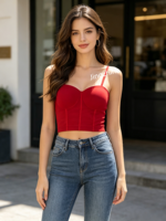 Débardeur corset court respirant pour femme, fin, à porter en extérieur, avec soutien-gorge intégré et strass, maintien léger, écologique