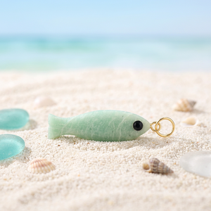 Pendentif Poisson Amazonite Collier de pierres précieuses sculptées avec Oeil d'onyx noir Plaqué or Poisson porte-bonheur Fourniture de bijoux - Product Image 4