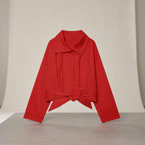 Red Asymmetrical Collar Crop <b>Coat</b> With Tie Front And Full Sleeves Minimalist Style Woven Outerwear <b>For</b> <b>Women</b> Autumn Wear - Product Image 4