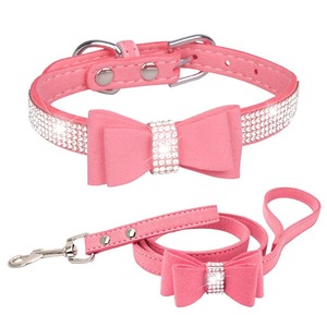 Pink Rhinestone <b>Bow</b> Dog Collar Leash Set Microfiber Metal Buckle Small Breed Pet Accessory - Product Image 1