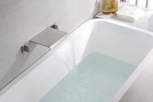 Rubinetto Moderno a Cascata <span class=keywords><strong>per</strong></span> <span class=keywords><strong>Vasca</strong></span> <span class=keywords><strong>da</strong></span> <span class=keywords><strong>Bagno</strong></span>, Montaggio a Parete, Nichel Spazzolato, Doppia Maniglia, Ottone Massiccio, 3 Fori, Soffione Doccia Rettangolare - Product Image 4