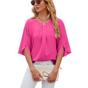 Chemise à manches trois quarts en mousseline de soie douce décontractée en polyester pour femmes, nouvelle collection été, couleur unie, col rond, coupe régulière, anti-boulochage - Product Image 2