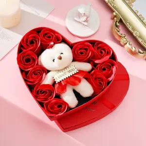 Conjunto de presente de pelúcia para namorada de aniversário de dia dos namorados, ursinho de pelúcia em forma de coração e flores rosas