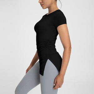 SUHE TS-012 Athena Lanjing - Top de Yoga Modal de Manga Corta con Cuello Redondo, Corte Asimétrico y Ajustado, Color Azul Polvo, Ropa Deportiva para Mujer - Product Image 3