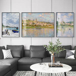 Pintura Impresionista Vintage de 3 Paneles con Marco de Porcelana de Cristal, Paisaje de Monet <span class=keywords><strong>Riverside</strong></span> Village, Pintura Mural para Decoración del Hogar - Product Image 2