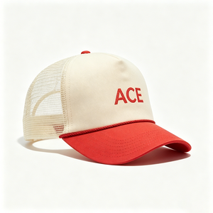 Casquette unisexe en toile 5 panneaux personnalisée avec broderie ACE, bicolore crème et rouge, dos en maille respirante et mousse, pour streetwear et activités de plein air - Product Image 6