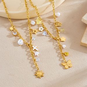 European And American Trendy Gold Plated Chain Tassel Y Shaped Clavicle Necklace With Cross Sun Butterfly Pendant Party Jewelry - Product Image 1