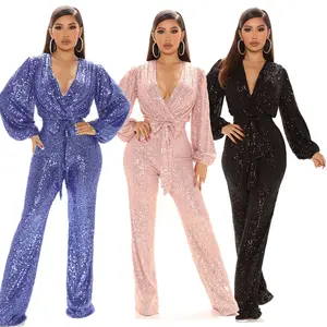 Nieuwe Product V-hals Lange Mouwen Jumpsuit Vrouwen Avond Party Luxe Glitter Jumpsuits