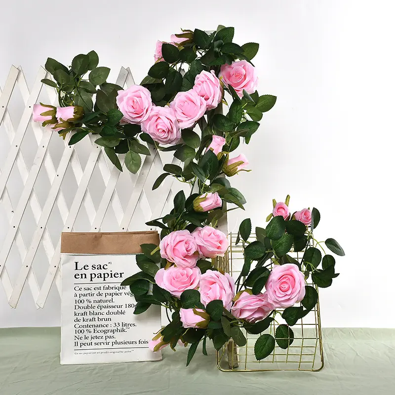 Rose garland artificial cheap price rose silk rose flower vine fence tube decoration 9pcs flower garland rose