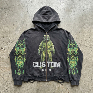 เสื้อฮู้ดดี้ผู้ชายทรงบ็อกซี่แบบซิป หนัก 400 GSM สไตล์สตรีทแวร์ พิมพ์ลายตามสั่ง OEM แบบโอเวอร์ไซส์ ลุคยับๆ ขาดๆ แบบฟอกกรด - Product Image 1