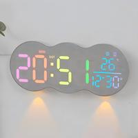 Wolkenförmige Holzmaserung LED Digital-Wanduhr mit Thermometer, Datums- und Tagesanzeige, Doppelalarm, Einstellbare Helligkeit, Wohndekoration