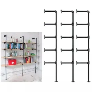 Assembling Black Cast Iron 4 Tiers Pipe Brackets Floating Bookshelf Wall Mounted 1/2" Iron Black Pipe Shelving