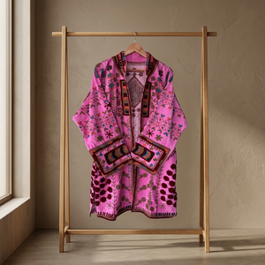 Manteau long en velours rose fait main sur mesure, avec des motifs floraux multicolores et des appliques géométriques brodées - Product Image 1