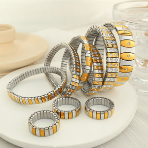 Brazalete elástico de dos tonos con circonitas incrustadas, de acero inoxidable, resistente al deslustre, estilo vintage, apilable, para parejas. - Product Image 4
