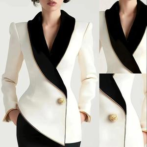 <span class=keywords><strong>Blazer</strong></span> Elegante da <span class=keywords><strong>Donna</strong></span> Asimmetrico Bianco con Risvolti Neri a Contrasto Maniche Lunghe Slim Fit Capospalla Femminile - Product Image 2