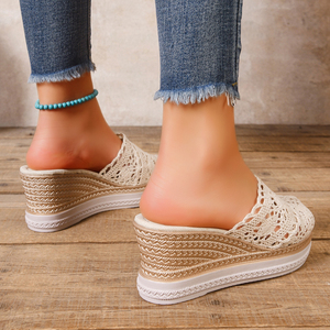Mules compensées en crochet et dentelle pour femmes, sandales à plateforme ouvertes à enfiler, chaussures décontractées respirantes pour l'été - Product Image 2