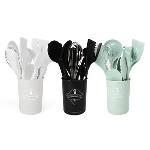 Manche en bois ustensiles de cuisine en silicone hêtre spatule de cuisson cuillère ustensiles de cuisine cuisson ensemble de couverts 12 pièces avec seau de rangement