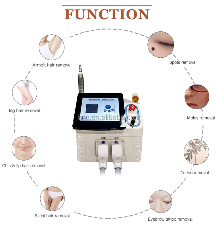 808 diode laser + ND yag 1064 nm 532 nm nd yag laser q-switched tattoo hair removal machine