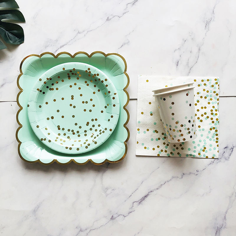 Disposable Tableware Set Mint Green Paper Plates, Napkins, Cup With Gold  Dots for Wedding Birthday Party Decorations 40PCS