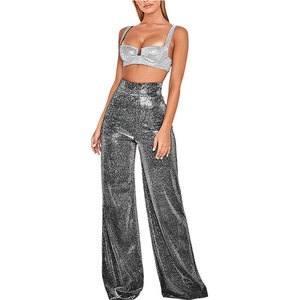 Custom Women Metallic <strong>Sparkly</strong> <strong>Wide</strong> <strong>Leg</strong> Pants Glitter Silver <strong>Trousers</strong> High Waist Straight Tube Sexy Club-Wear Women Pants - Product Image 6