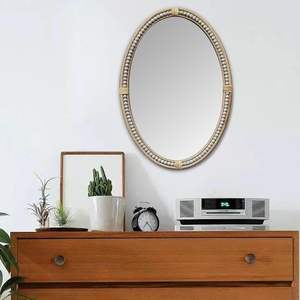 PARISLOFT Espejo Ovalado de 26 Pulgadas con Marco de Ratán y Cuentas, Espejo Decorativo de Pared Estilo Boho para Sala de Estar o Dormitorio - Product Image 5