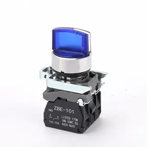XB4 saklar kontrol 220V, saklar tombol tekan biru 3 posisi 22mm 1tidak berputar tombol tekan logam dengan lampu