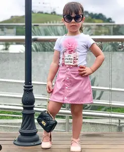 Hao Baby Summer Girl Sequin Children Cartoon Embroidered Short Sleeve Kid Leather Stretch Skirt Suit