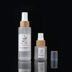 Botol semprot kaca bening buram, 30ml 50ml 100ml 120ml botol semprot bambu kosmetik dengan tutup kayu bambu pompa Lotion