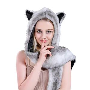 Personalizado de alta calidad de moda de las mujeres de tela de felpa de piel Animal <span class=keywords><strong>cabeza</strong></span> sombrero bufanda de invierno con orejas - Product Image 1