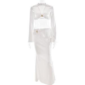 Ensemble deux pièces en satin de style européen américain, haut à col en V à manches longues, jupe longue, tenue de soirée élégante pour femmes - Product Image 5