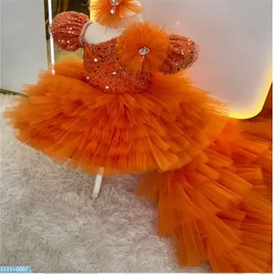 Vestidos de Niña de las Flores con Lentejuelas Naranjas <span class=keywords><strong>para</strong></span> Boda, Tul en Capas con Lazo, Vestido Formal <span class=keywords><strong>para</strong></span> Fiesta de Cumpleaños, <span class=keywords><strong>Comunión</strong></span> - Product Image 1