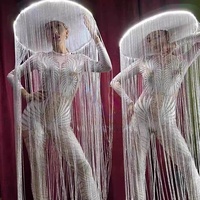 Costume de scène Gogo's Grand, grand chapeau blanc à longues franges, exagéré, danse de scène, 100% polyester, imprimé exotique, boîte de nuit, Ds, une pièce